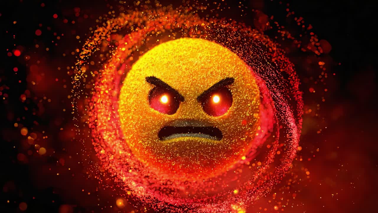 An Intense, Fiery Expression Emitted from a Glaring Yellow Emoji Surrounded by a Spiraling Cloud of Sparkling Particles, Conveying Strong Emotions and Anger in Vivid Colors