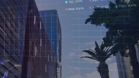 financial data processing over office buildings and modern cityscape.