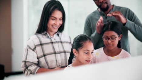 Parents,-girl-kids-and-bathroom-for-hair-care