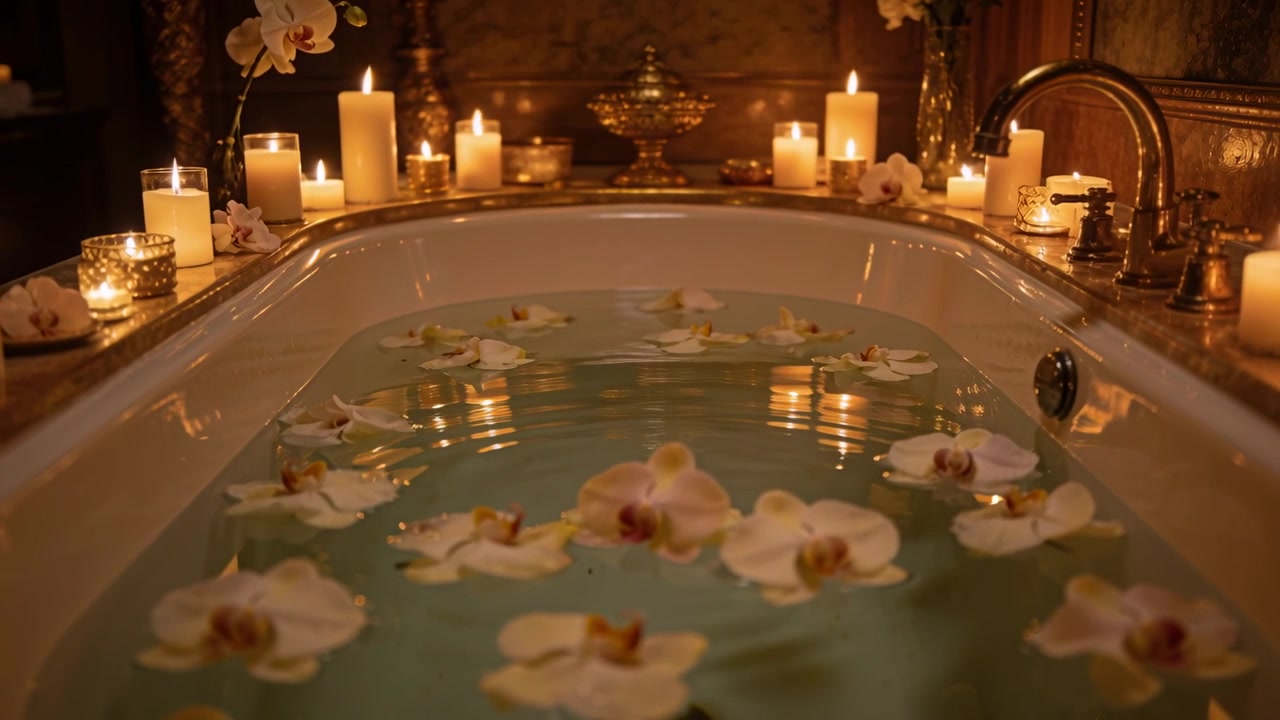 Vasca piena che increspa dallo scarico, creando calma in un bagno spa con orchidee galleggianti e candele.