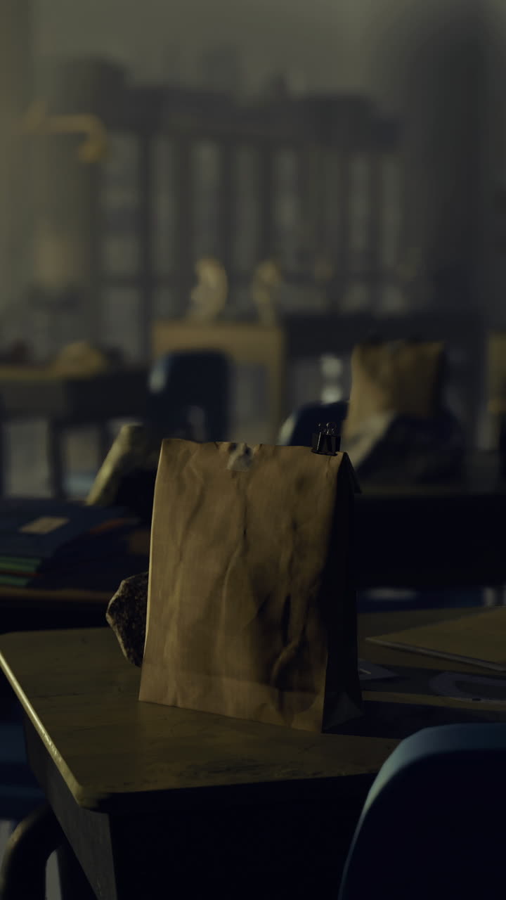 Abandoned classroom with empty desks and scattered supplies