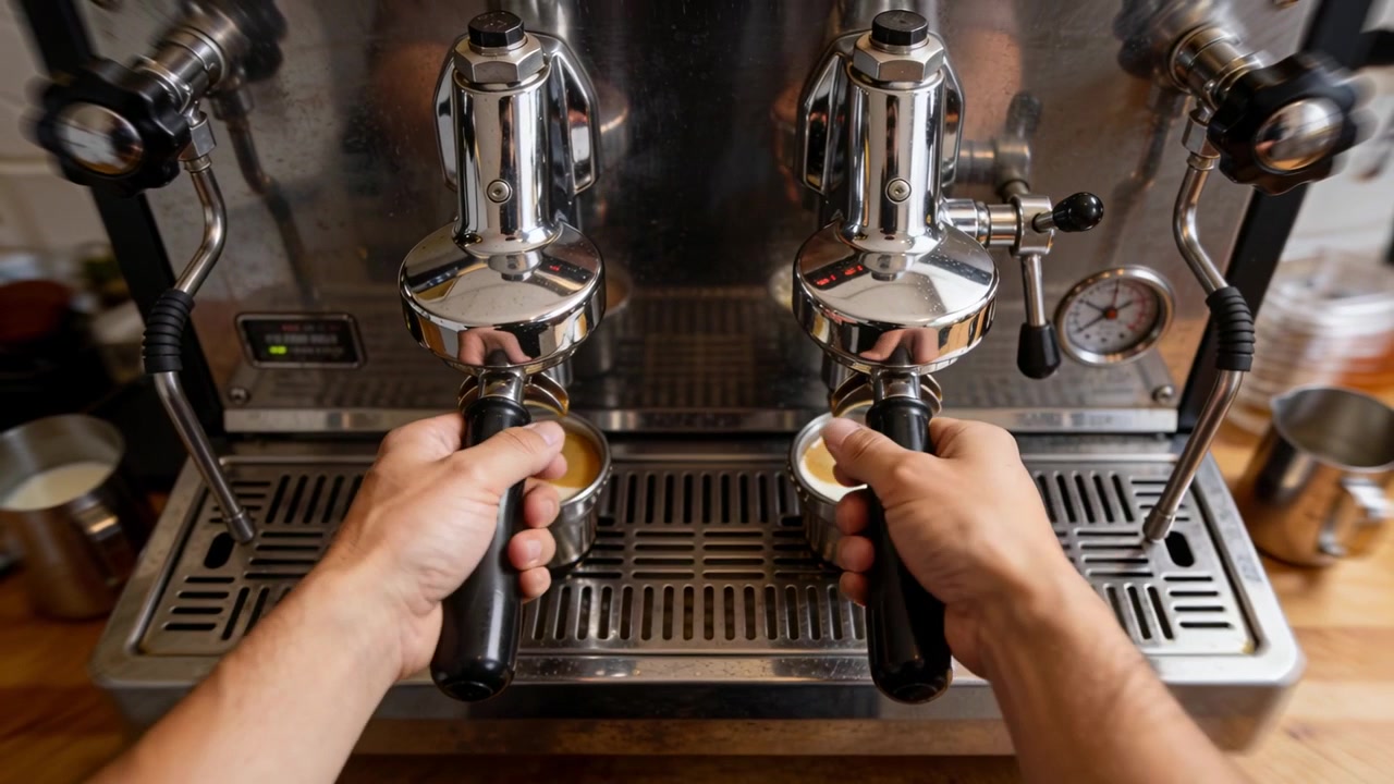 Memegang portafilter saat ekstraksi dimulai, tangan barista menyetel tuas membentuk krema di konter dengan cangkir.