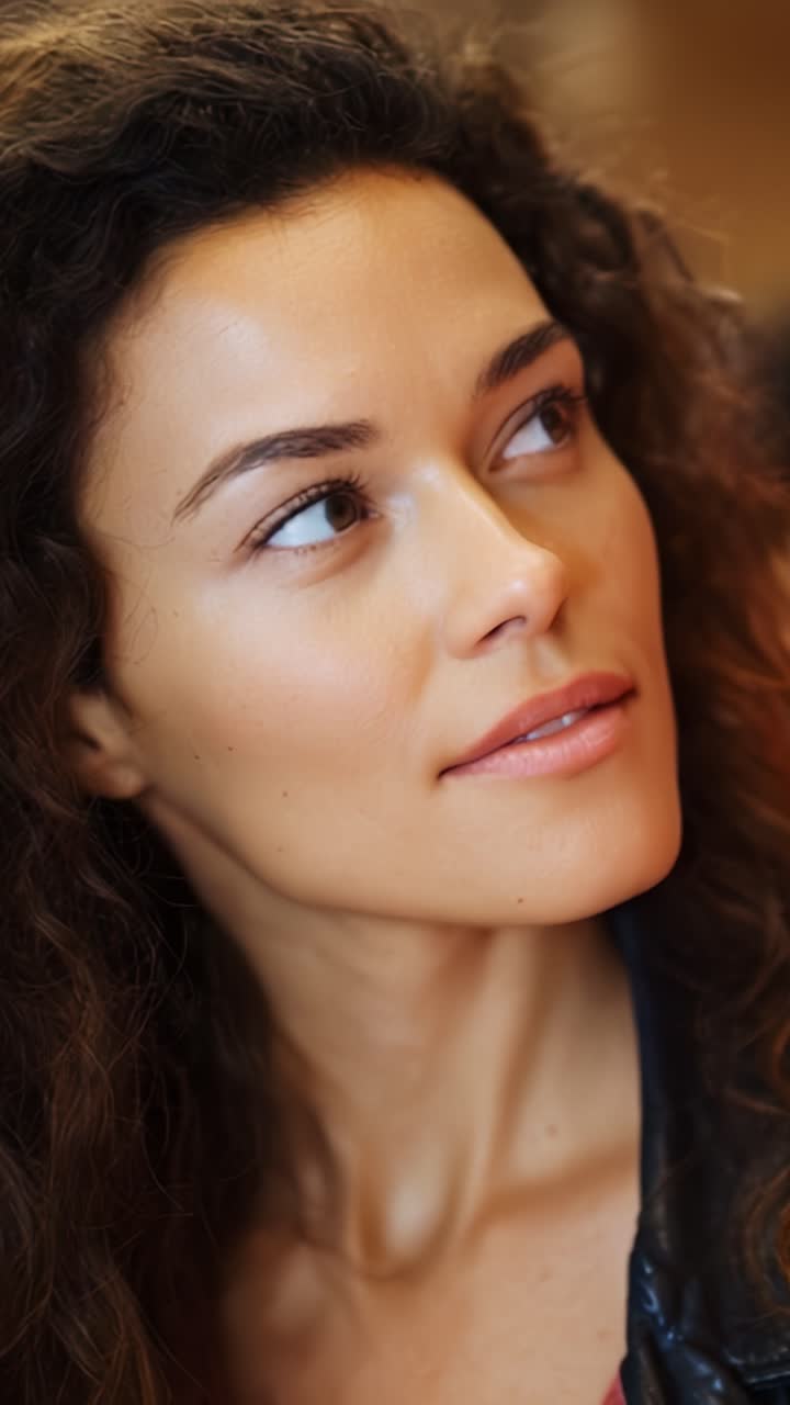 Sequenza di ritratti accattivanti di una giovane donna che esprime emozioni con bellezza naturale e capelli ricci, evocando emozione e connessione in un ambiente con luce soffusa