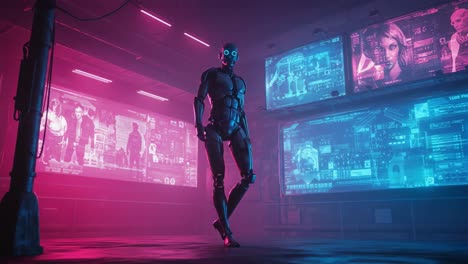 a futuristic robotic figure stands confidently in a neon-lit environment, surrounded by interactive screens displaying various digital images and data, embodying advanced technology and innovation