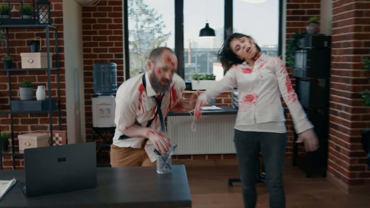 Nebezpečné kancelářské zombie běží směrem ke kameře v pracovním prostoru