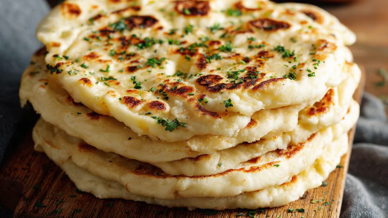 Deliciously Golden Brown Flatbreads: Stacked Perfection with Herbs and Crispy Edges Highlighting the Art of Home Cooking and Artisan Bread-Making Techniques