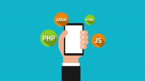 programming language with hand user and icons animation