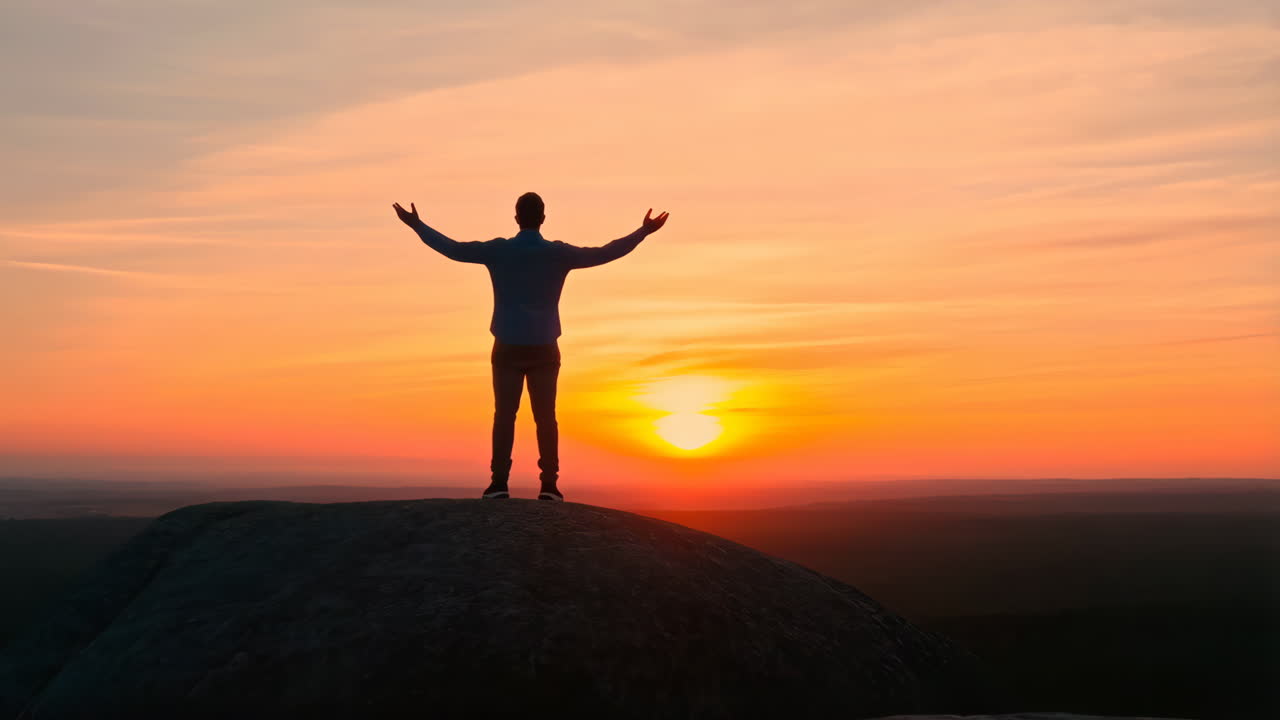 Person Standing on a Mountain Peak at Sunset