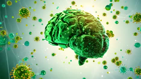 a green brain with a virus in the background. the brain is surrounded by many small green spheres