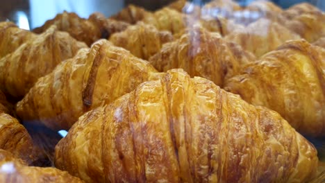 a batch of freshly baked golden brown croissants in glass display unit at local bakery