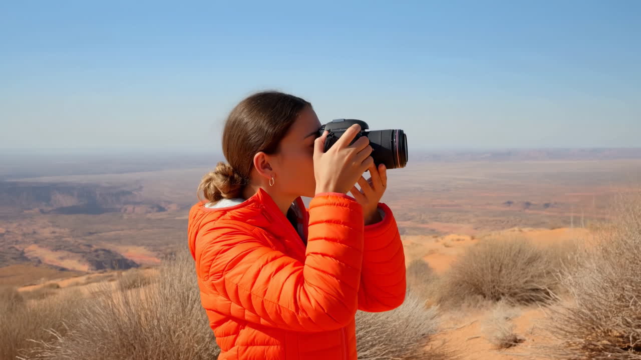 Young Woman Taking Photos of Desert Landscape with DSLR Camera