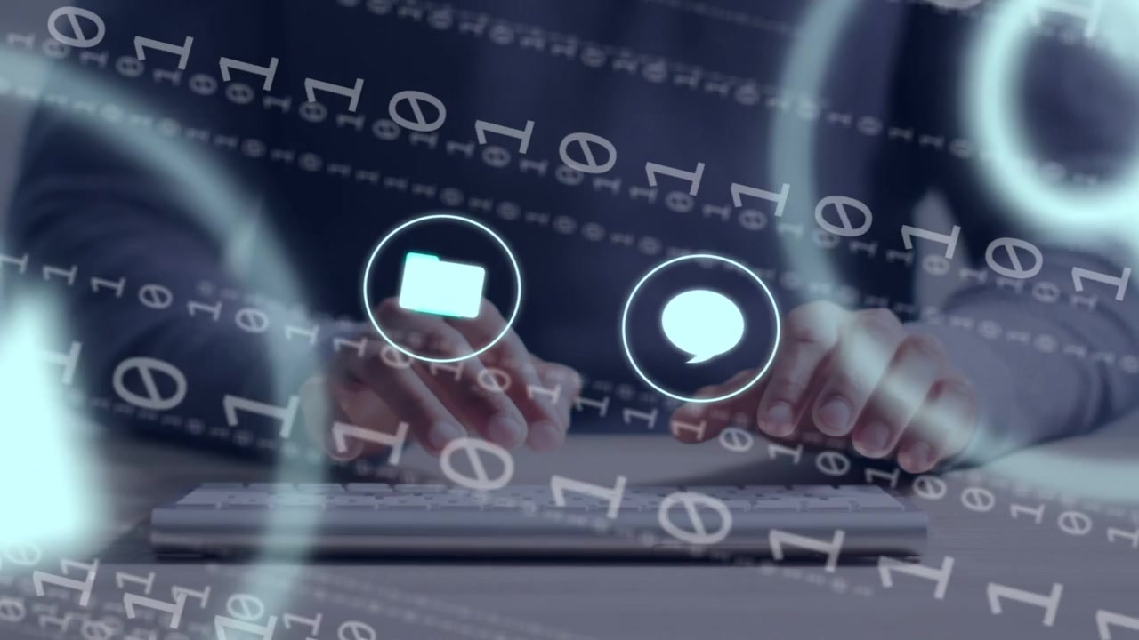 Male typing at desk, binary moving while typing spawning icons pulsing over keys for tech tasks