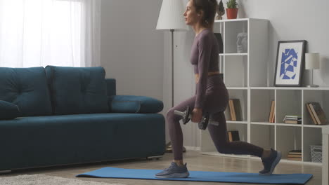 side view of woman training at home squatting with dumbbells in hands keeping fit and losing weight fitness and wellness