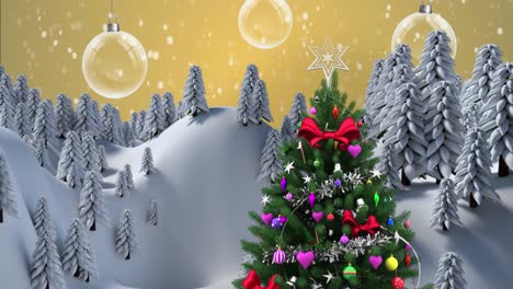 Animation-of-christmas-tree-with-decorations-over-snow-falling-and-winter-landscape