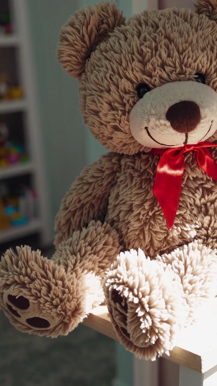 Un orsetto di peluche carino e soffice seduto nella cameretta di un bambino