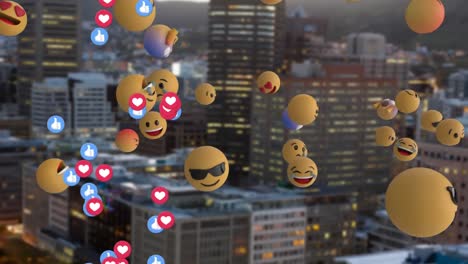 Animación-De-Múltiples-Emojis-Sobre-El-Paisaje-Urbano