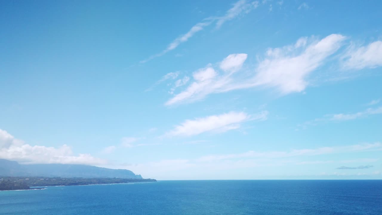 Gimbal wide booming down shot of the picturesque north shore of Kaua'i as viewed from Kilauea Point in Hawai'i