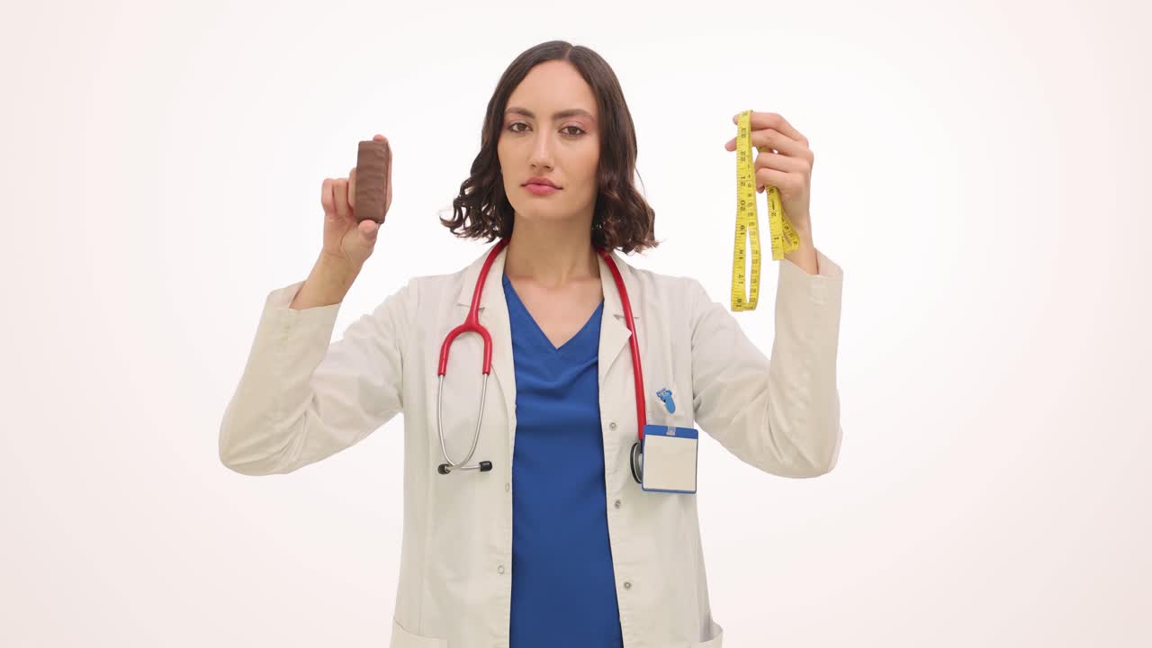 Doctor holding measuring tape and chocolate bar