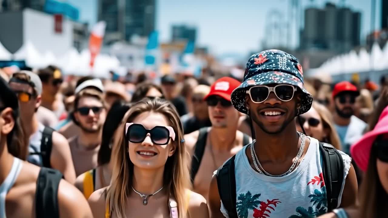 A group of people walking down a street in a crowd