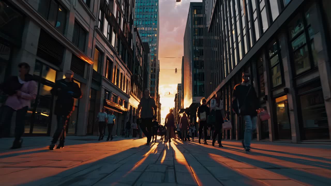 Low-angle video shot of a bustling city street at sunset, capturing long shadows and vibrant urban
