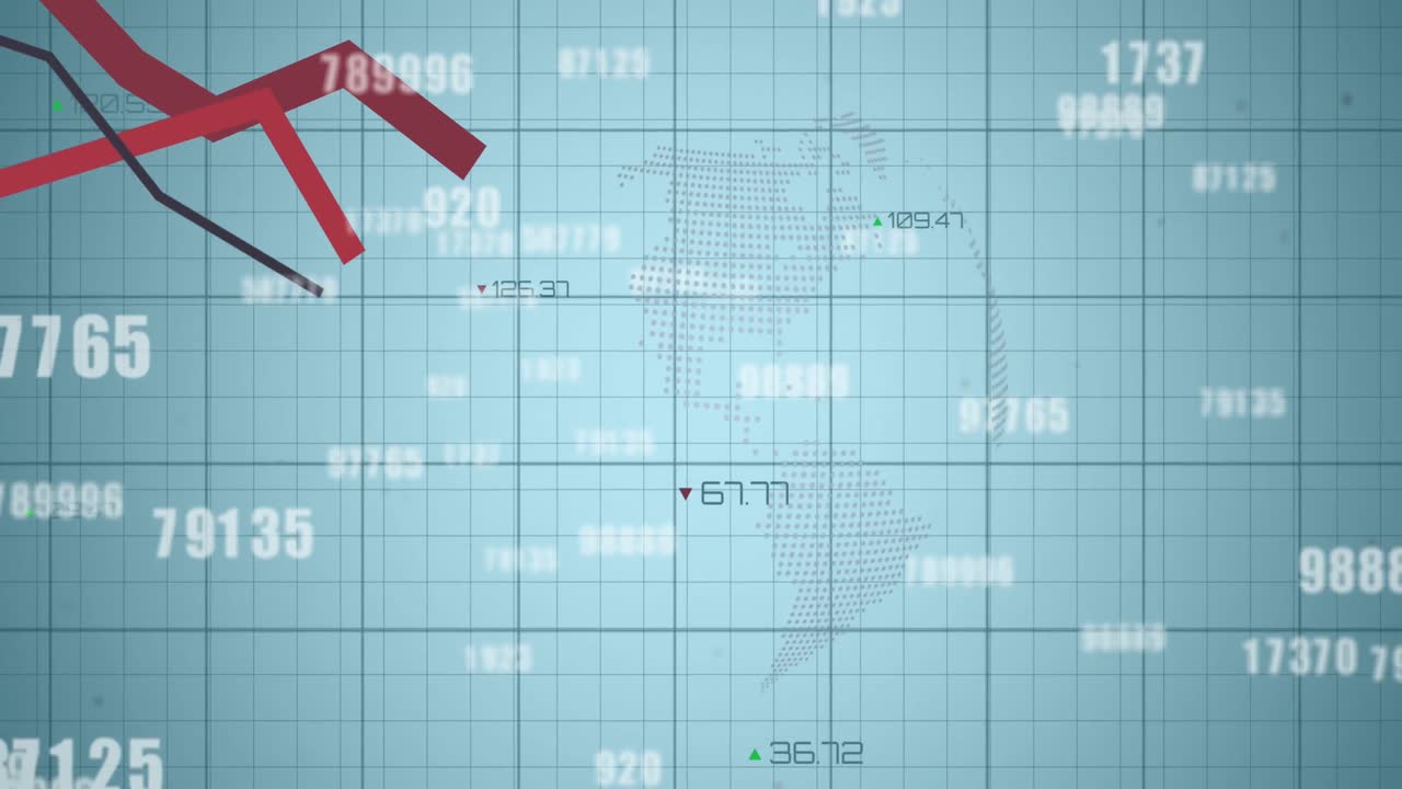 회전하는 지구 위에 변화하는 숫자와  ⁇ 은 선의 애니메이션