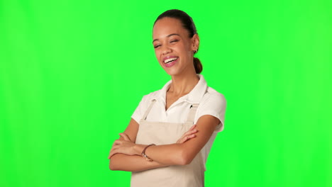 cara de pantalla verde, brazos cruzados y barista feliz