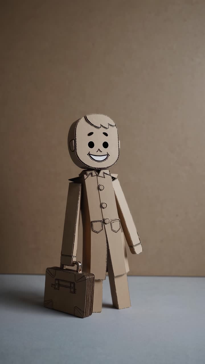 Cardboard businessman character carrying a briefcase, heading to work with a positive and determined attitude, embodying ambition and the drive for success in a professional career