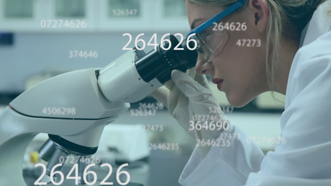 현미경을 이용한 여성 과학자에 대한 다중 숫자 변화