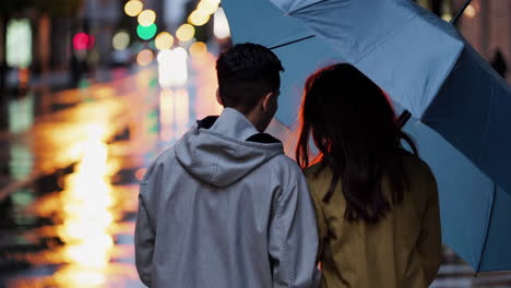 couple walking under umbrella in the rain