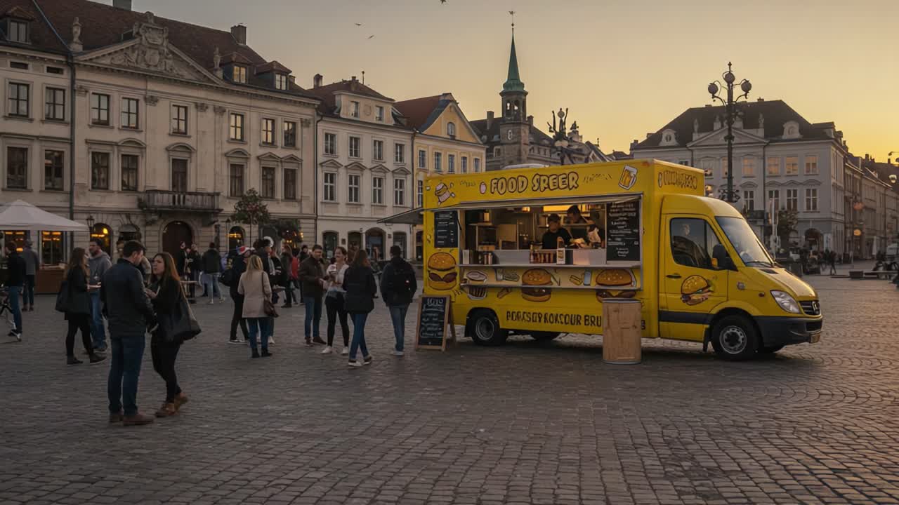 A Vibrant Evening Gathering at a Food Truck in a Bustling Square, Showcasing Delicious Cuisine and Diverse Crowd Enjoying Outdoor Atmosphere as the Sun Sets