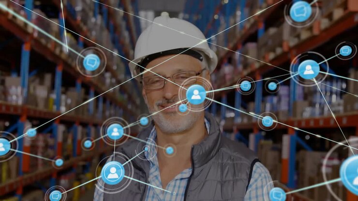 Animazione di una rete di connessioni su un uomo caucasico che lavora in un magazzino.