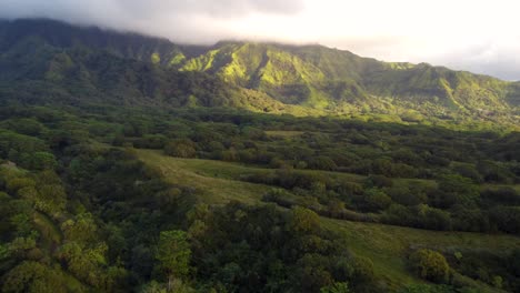 cinematic forest flyover at beautiful sunrise on kauai hawaii island revealing green mountains under tropical rain clouds