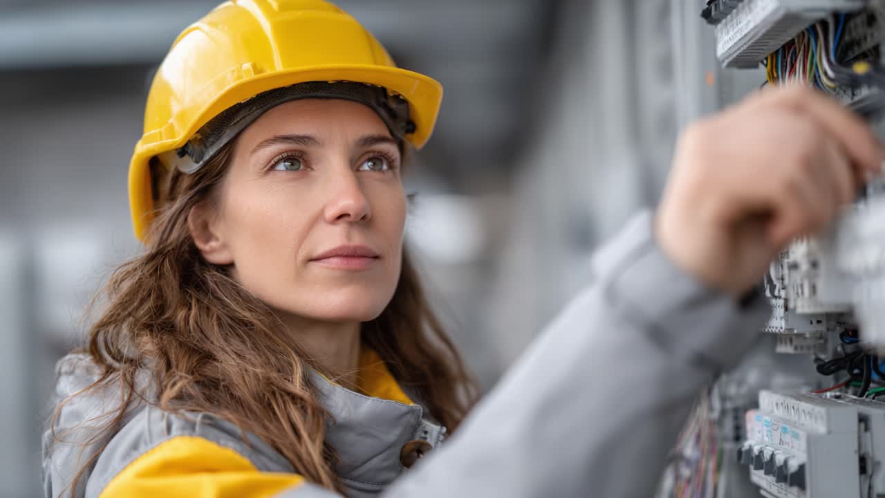 A focused woman in a yellow hard hat works diligently on an electrical panel, showcasing technical skills and dedication to her craft in the engineering environment