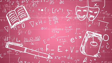 animación de fórmulas matemáticas e iconos de colores sobre un fondo rojo