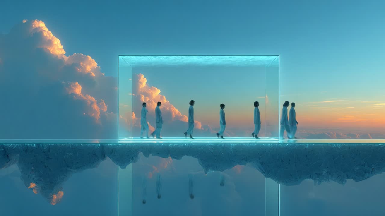 People walking in a surreal landscape