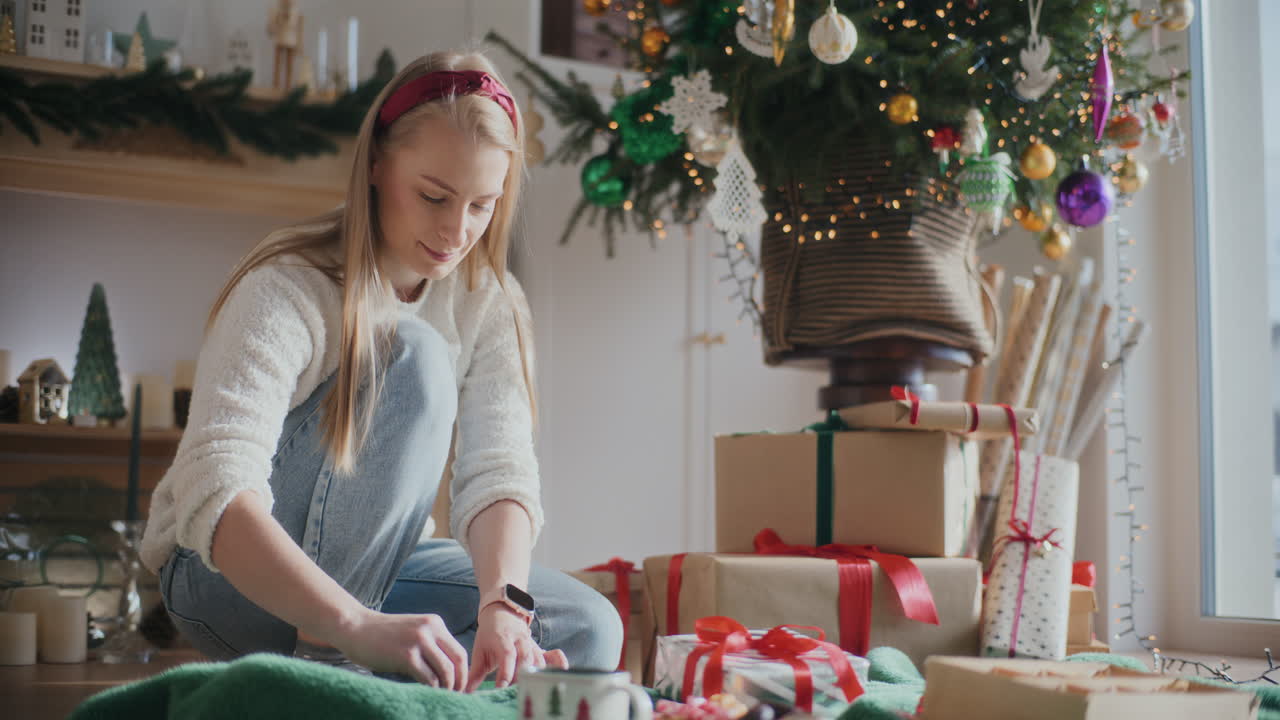 una mujer hermosa envolviendo regalos de navidad en casa.