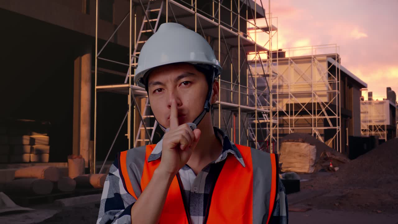 Construction Worker in Hard Hat Gesturing for Silence at Sunset