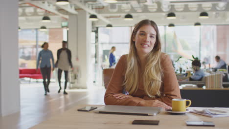 Portrait-Of-Businesswoman-Working-At-Desk-In-Modern-Open-Plan-Office-With-Colleagues-In-Background