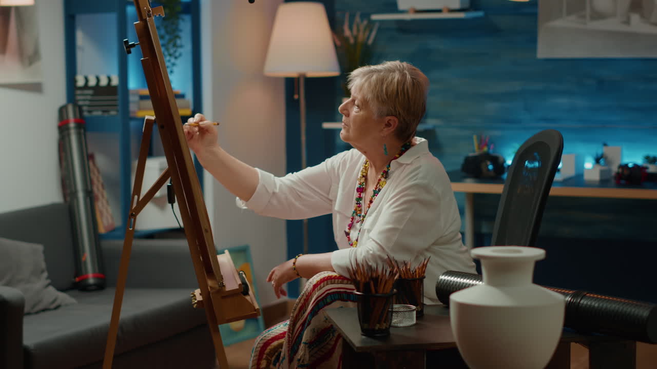 Senior kvinde tegner en skitse med kunstneriske evner
