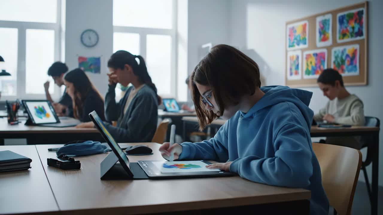 Students working on digital art in the classroom