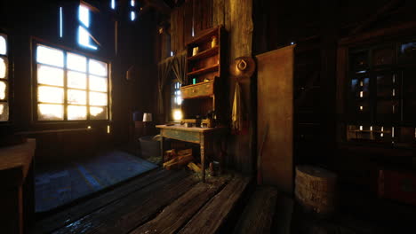 rustic cabin interior with wooden walls and furniture