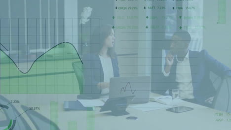 animation of financial data processing over diverse businesspeople in office