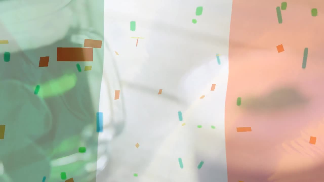 café irlandés con confeti y bandera irlandesa ondeando