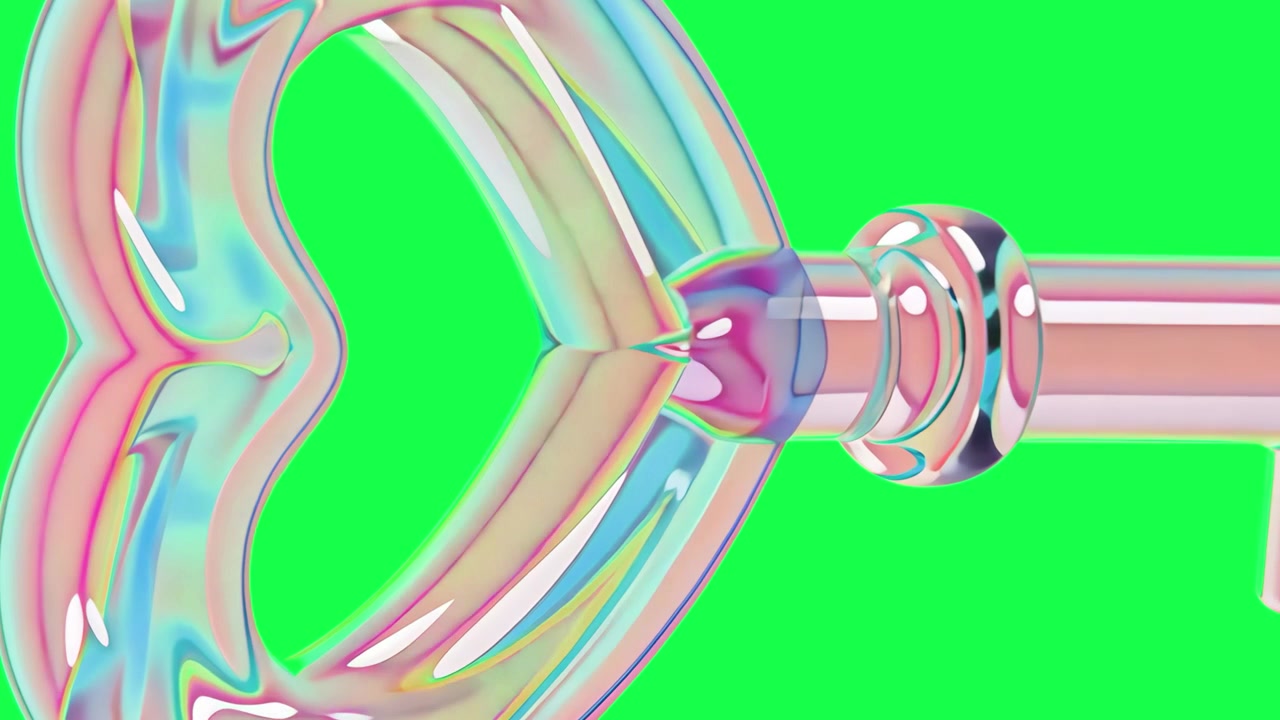 Iridescent Heart-Shaped Key Rotating on Green Screen