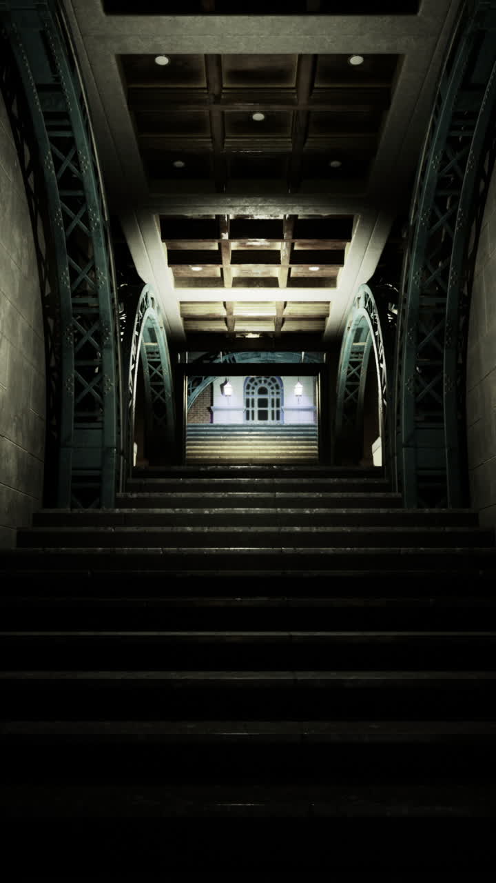 Steps leading to a lighted doorway in a dimly lit corridor