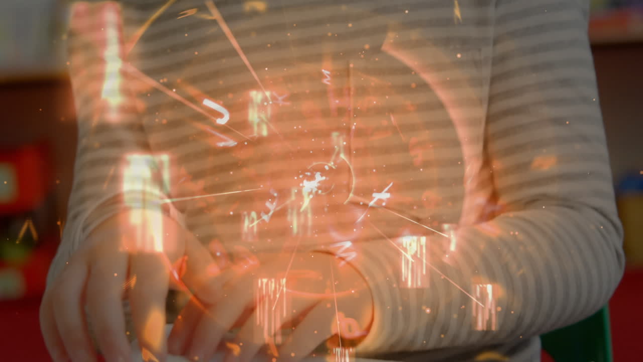 브라이어 문자를 읽는 백인 맹인 소녀 위에 회전하는 문자의 애니메이션