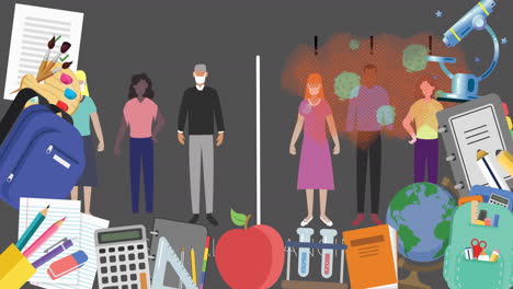 school concept icons against group of male and female teachers maintaining social distancing