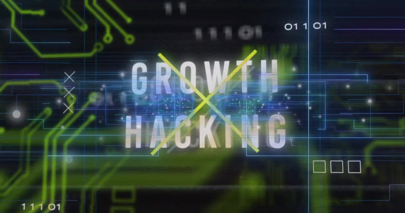 Starting neon circuits drifting inward forming particles and revealing Growth Hacking pulsing color