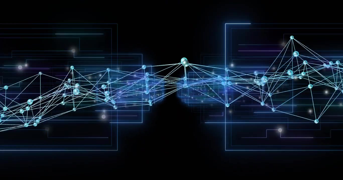 Glowing cyan node lattice rippling across black space, pulsing on data input and reshaping network