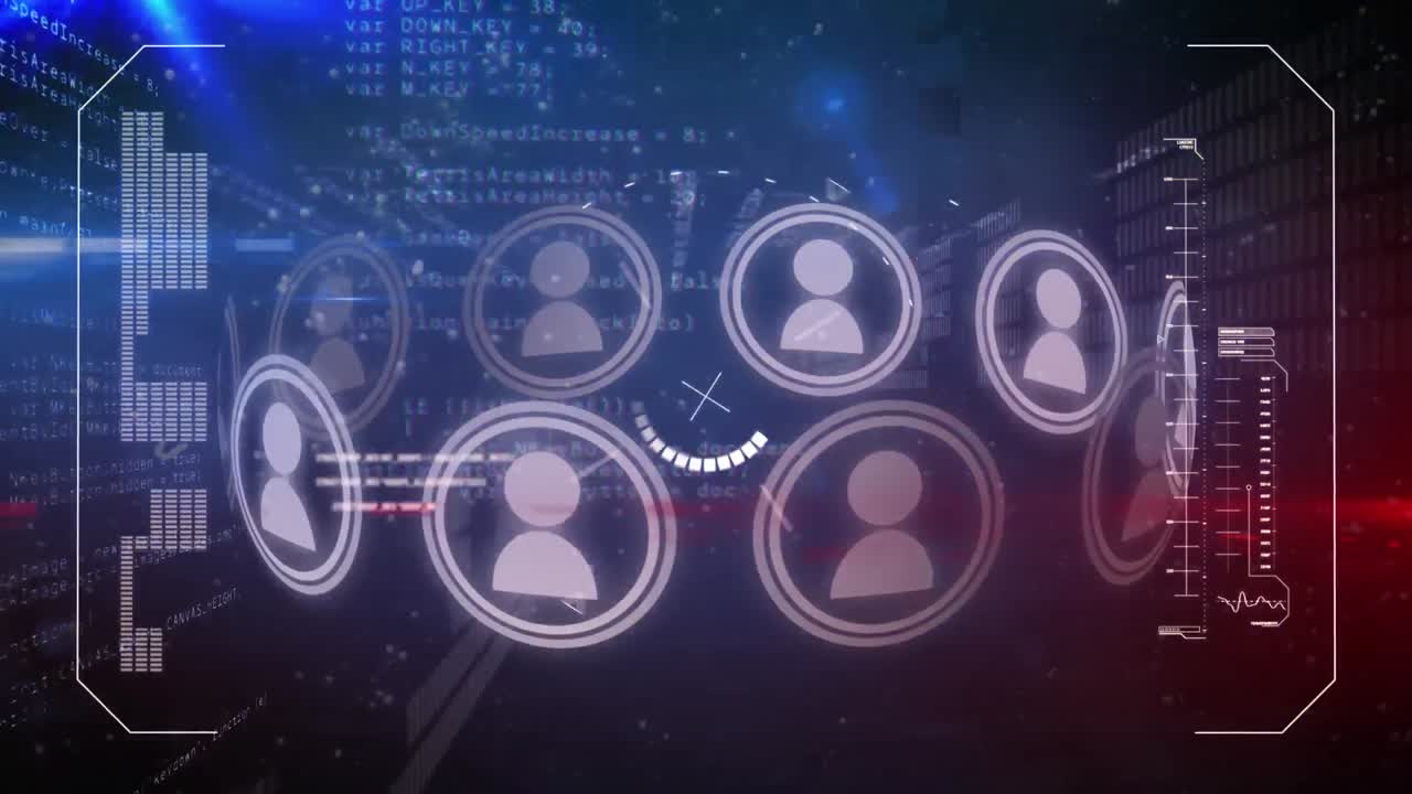 Animation of icons and light trails over data processing on black background